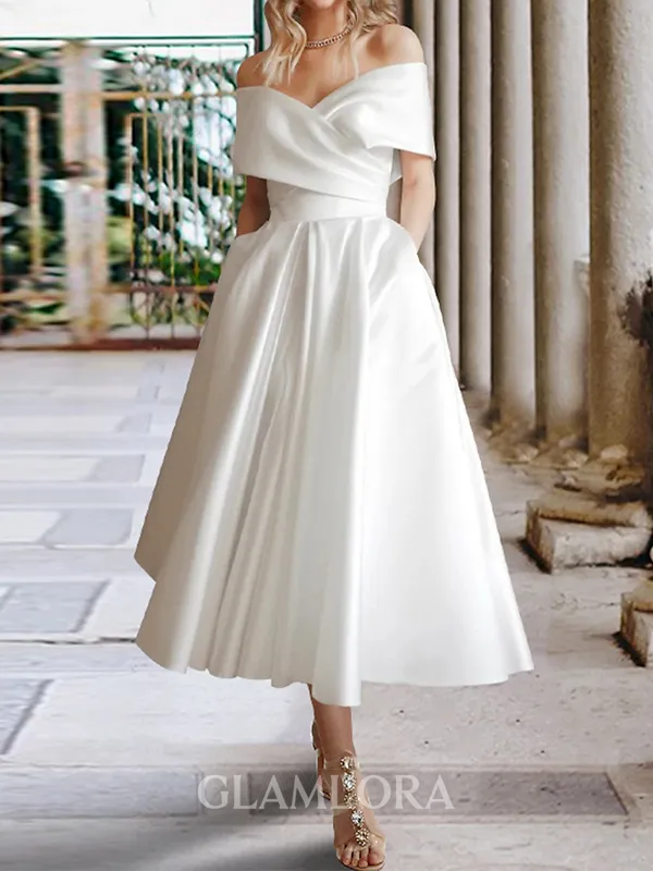 Trendy A-line Off-the-Shoulder Pleated Tea-Length Satin Wedding Dress