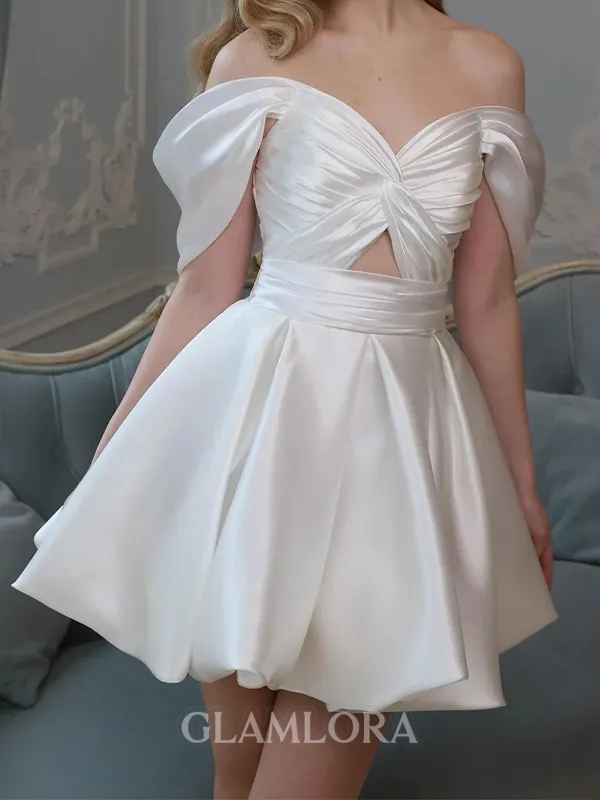 Fashion A-line Off-the-Shoulder Pleated Short/Mini Silk like Satin Wedding Dress