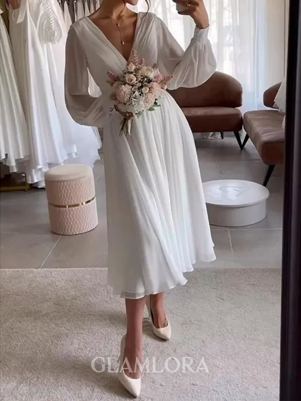 Unique A-line V-Neck Long Sleeves Pleated Tea-Length 30D Chiffon Wedding Dress