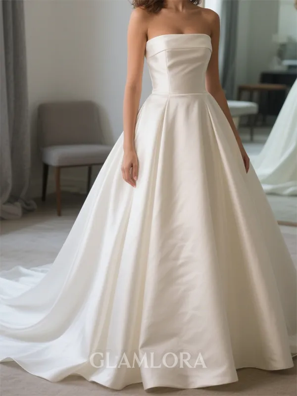 Perfect Ball-Gown Straight Pleated Chapel Train Satin Corset Wedding Dress