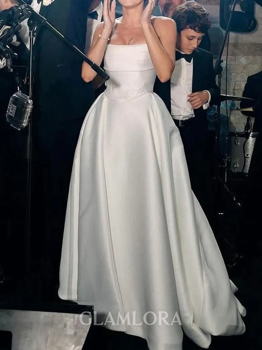 Delicate A-Line Straight Pleated Chapel Train Satin Corset Wedding Dress