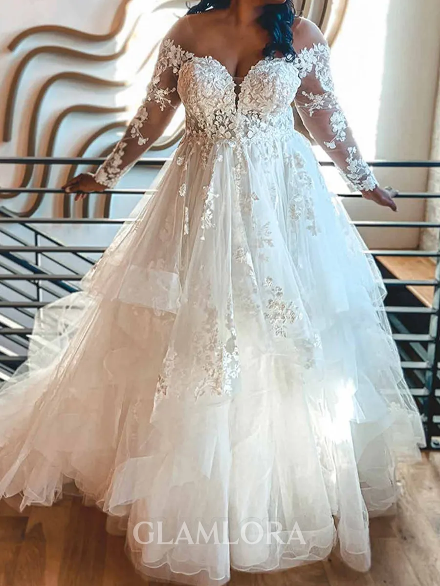 Elegant A-Line Off-the-Shoulder Long Sleeves Appliques Lace Floor-Length Tulle Corset Wedding Dress