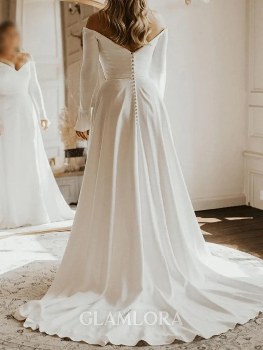 Opulent A-Line Off-the-Shoulder Long Sleeves Sweep Train Stretch Crepe Wedding Dress