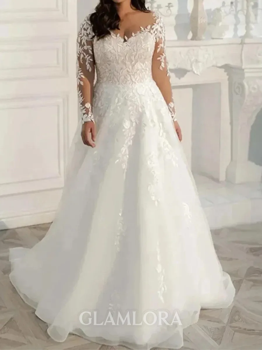 Exquisite A-Line Sweetheart Long Sleeves Appliques Lace Sweep Train Tulle Corset Wedding Dress