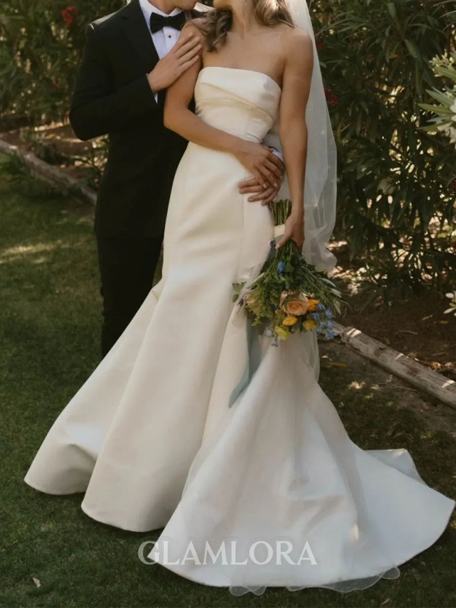 Graceful Mermaid Straight Pleated Sweep Train Satin Corset Wedding Dress