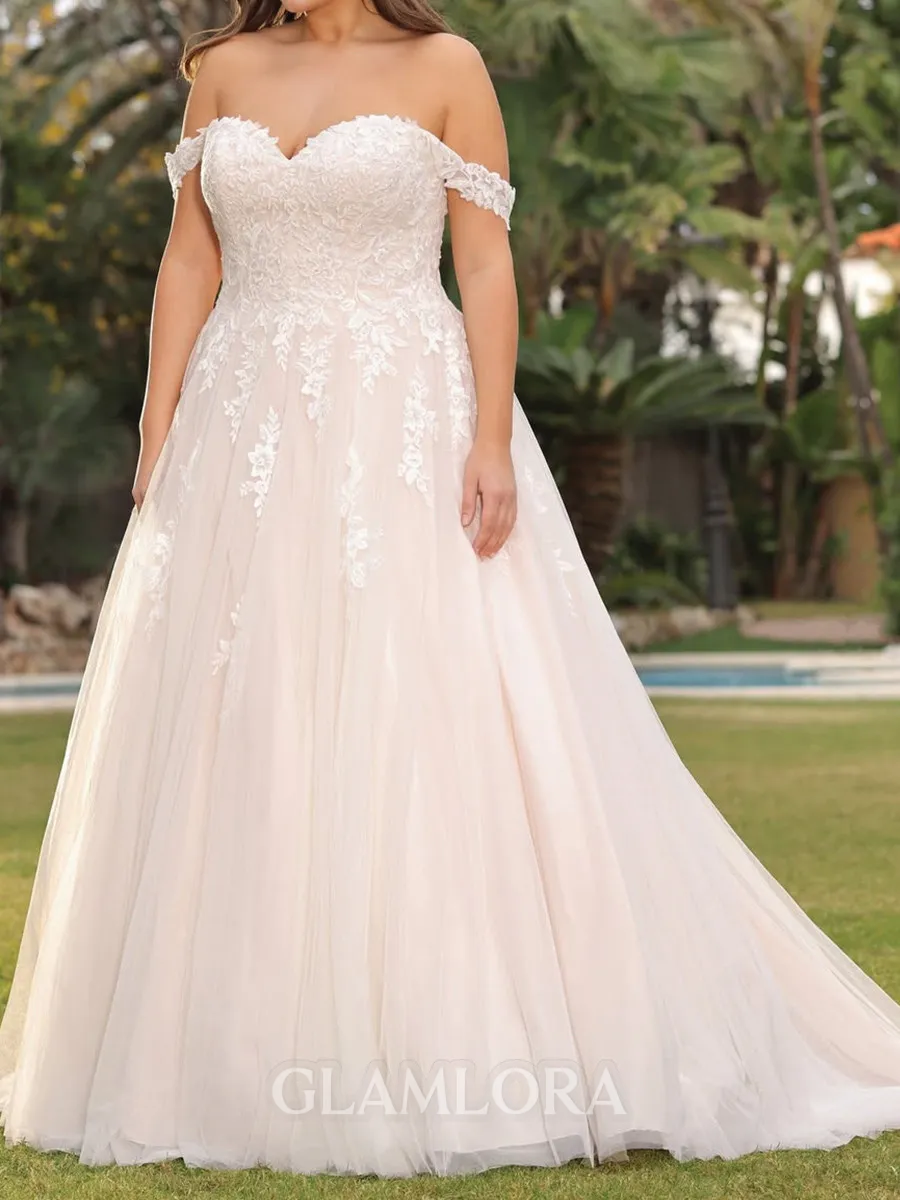 Show-stopping A-Line Off-the-Shoulder Appliques Lace Sweep Train Tulle Corset Wedding Dress