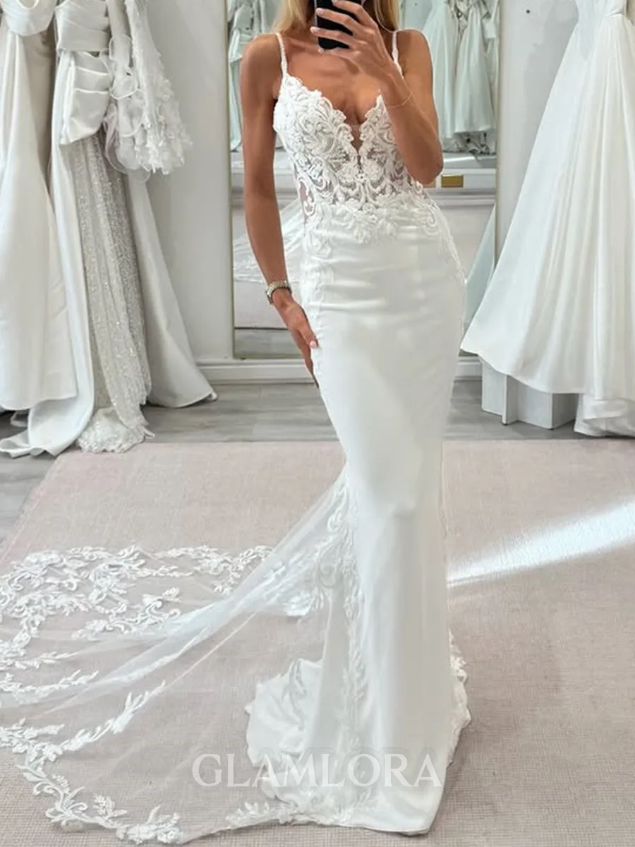 Aristocratic Sheath Spaghetti Straps Appliques Lace Cathedral Train Charmeuse Corset Wedding Dress