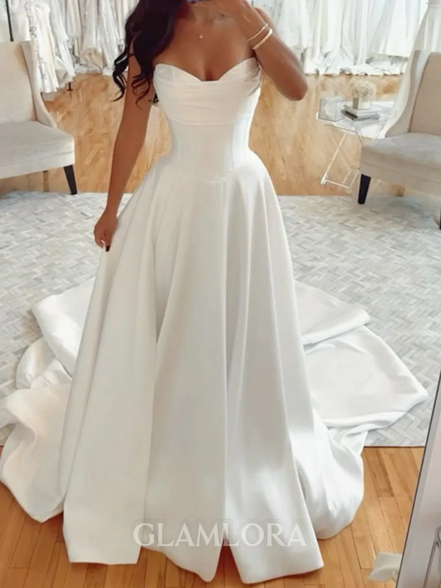 Extravagant A-Line Sweetheart Pleated Cathedral Train Satin Corset Wedding Dress