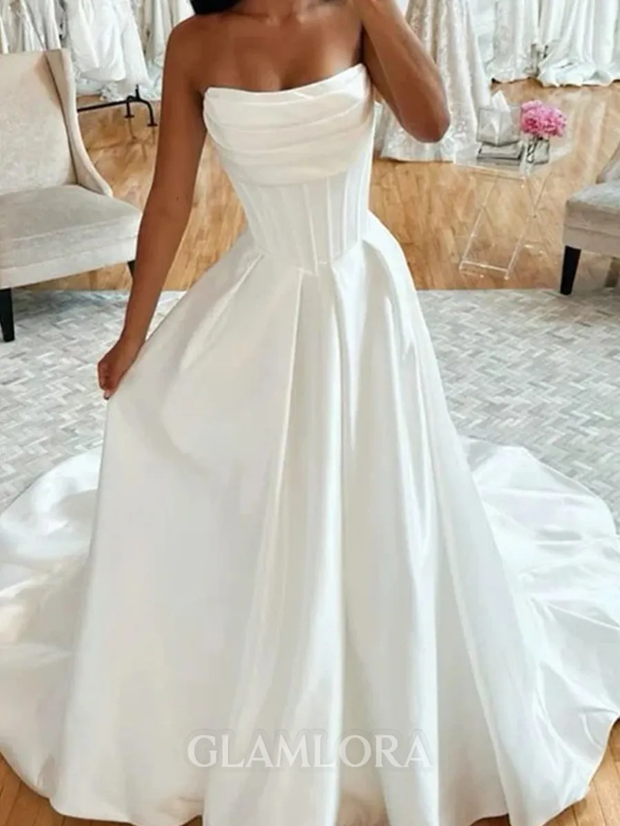 Unforgettable A-Line Straight Pleated Cathedral Train Satin Corset Wedding Dress