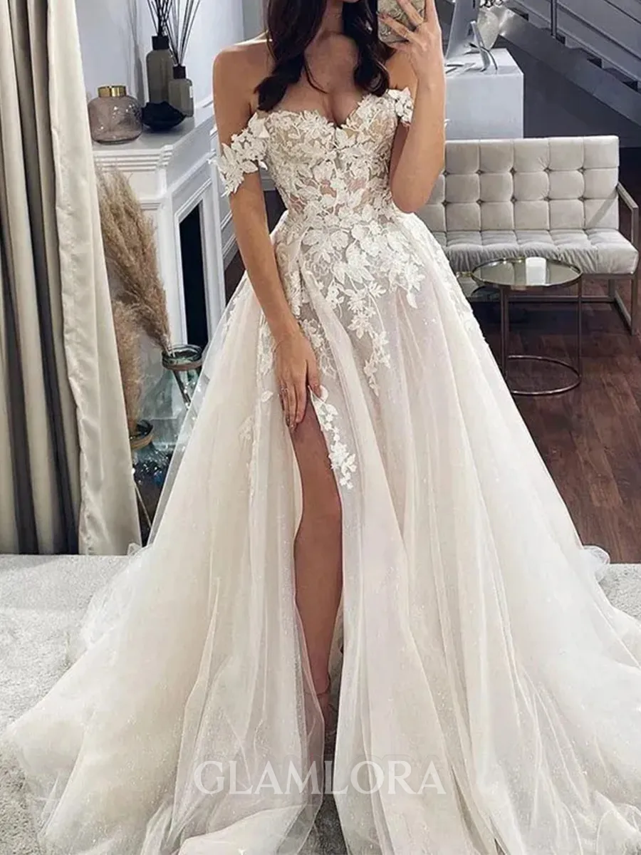 Stunning A-Line Off-the-Shoulder Appliques Lace Sweep Train Tulle Wedding Dress
