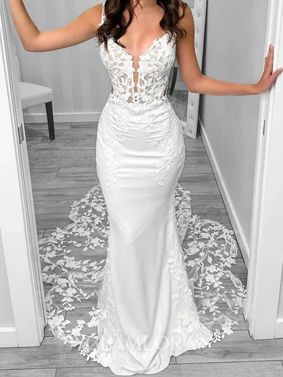 Glamorous Sheath Spaghetti Straps Appliques Lace Cathedral Train Silk Like Satin Wedding Dress