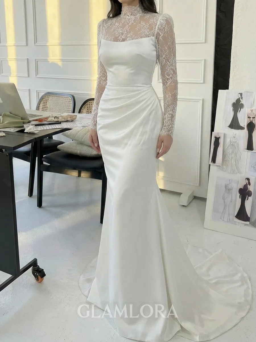 Glamorous Sheath High Neck Long Sleeves Appliques Lace Court Train Silk Like Satin Corset Wedding Dress