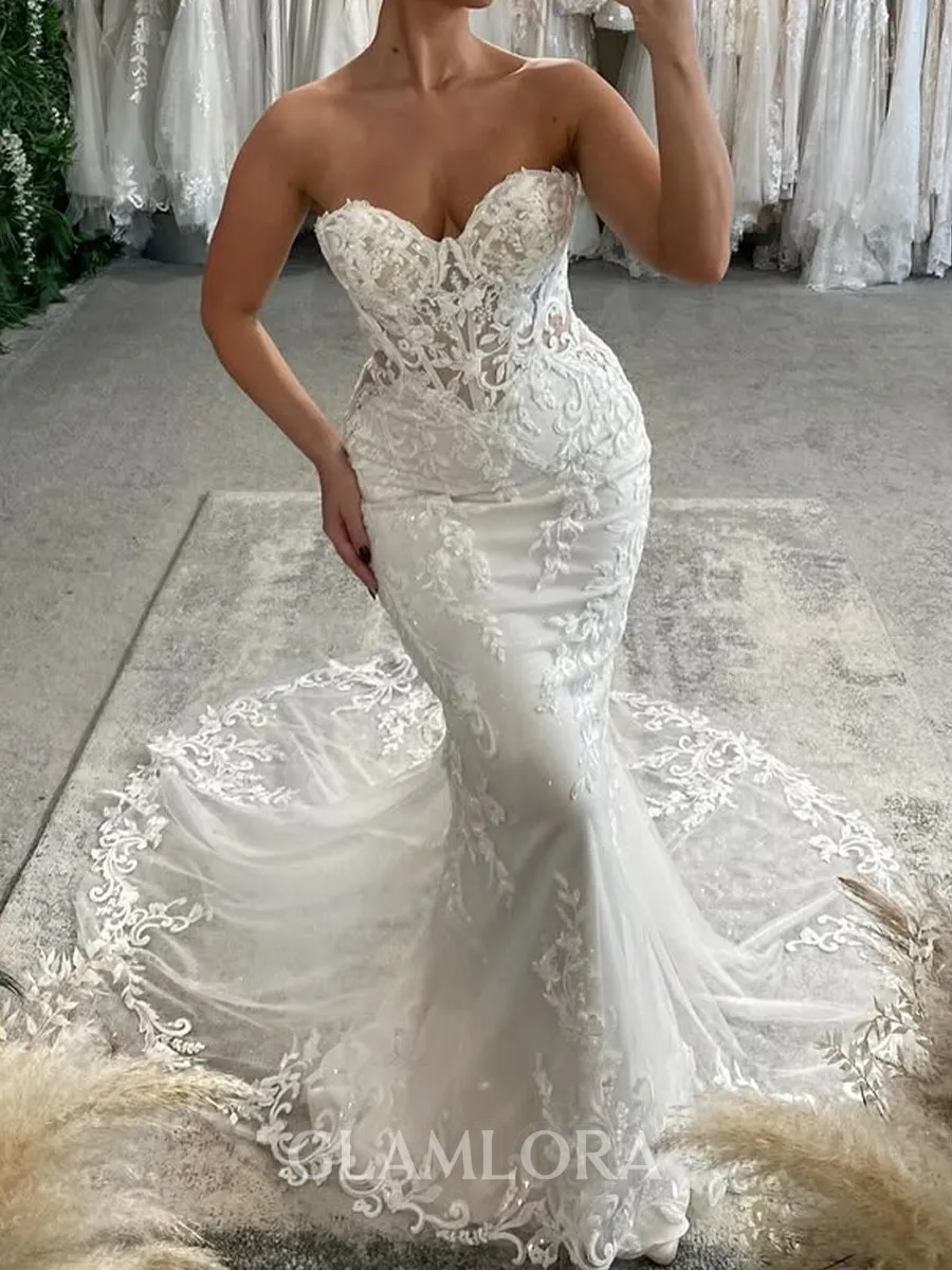 Splendid Mermaid Sweetheart Appliques Lace Cathedral Train Tulle Corset Wedding Dress