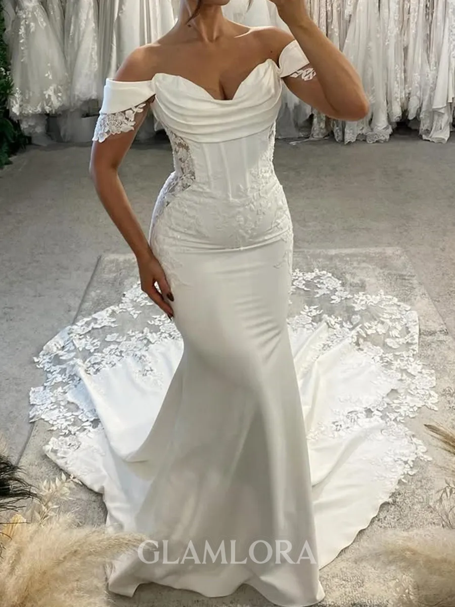 Graceful Mermaid Off-the-Shoulder Appliques Lace Cathedral Train Charmeuse Corset Wedding Dress