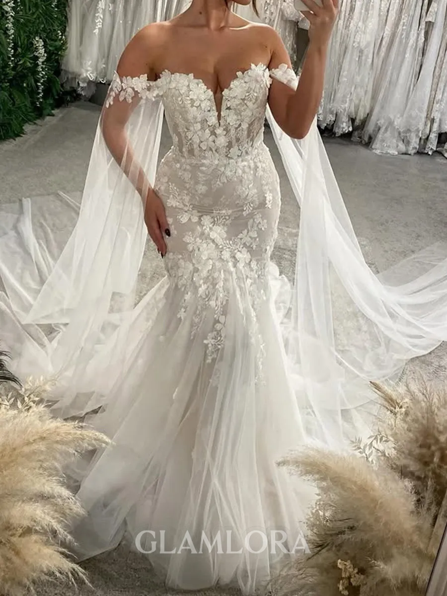 Grand Mermaid Off-the-Shoulder Appliques Lace Chapel Train Tulle Corset Wedding Dress