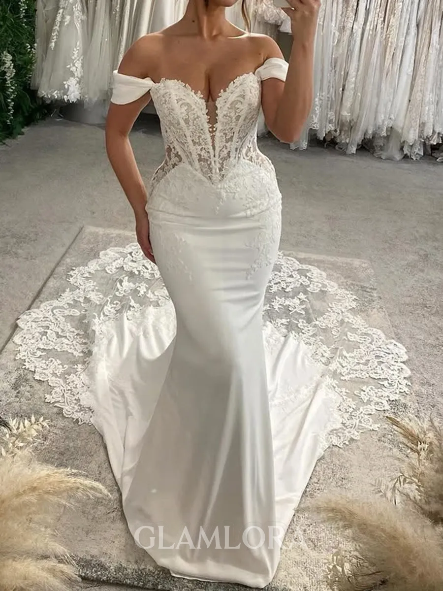 Breathtaking Mermaid Off-the-Shoulder Appliques Lace Cathedral Train Charmeuse Corset Wedding Dress