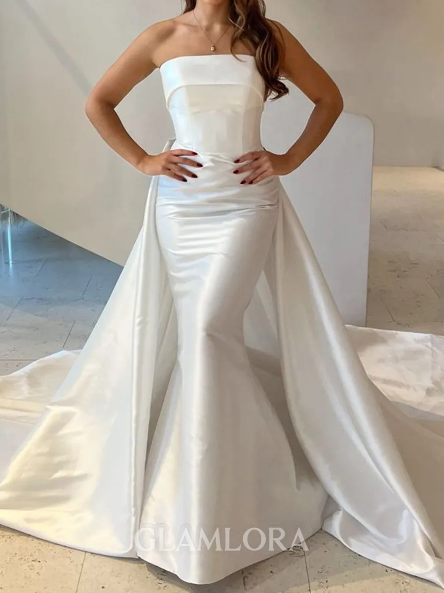 Luxurious Mermaid Straight Pleated Cathedral Train Satin Corset Wedding Dress