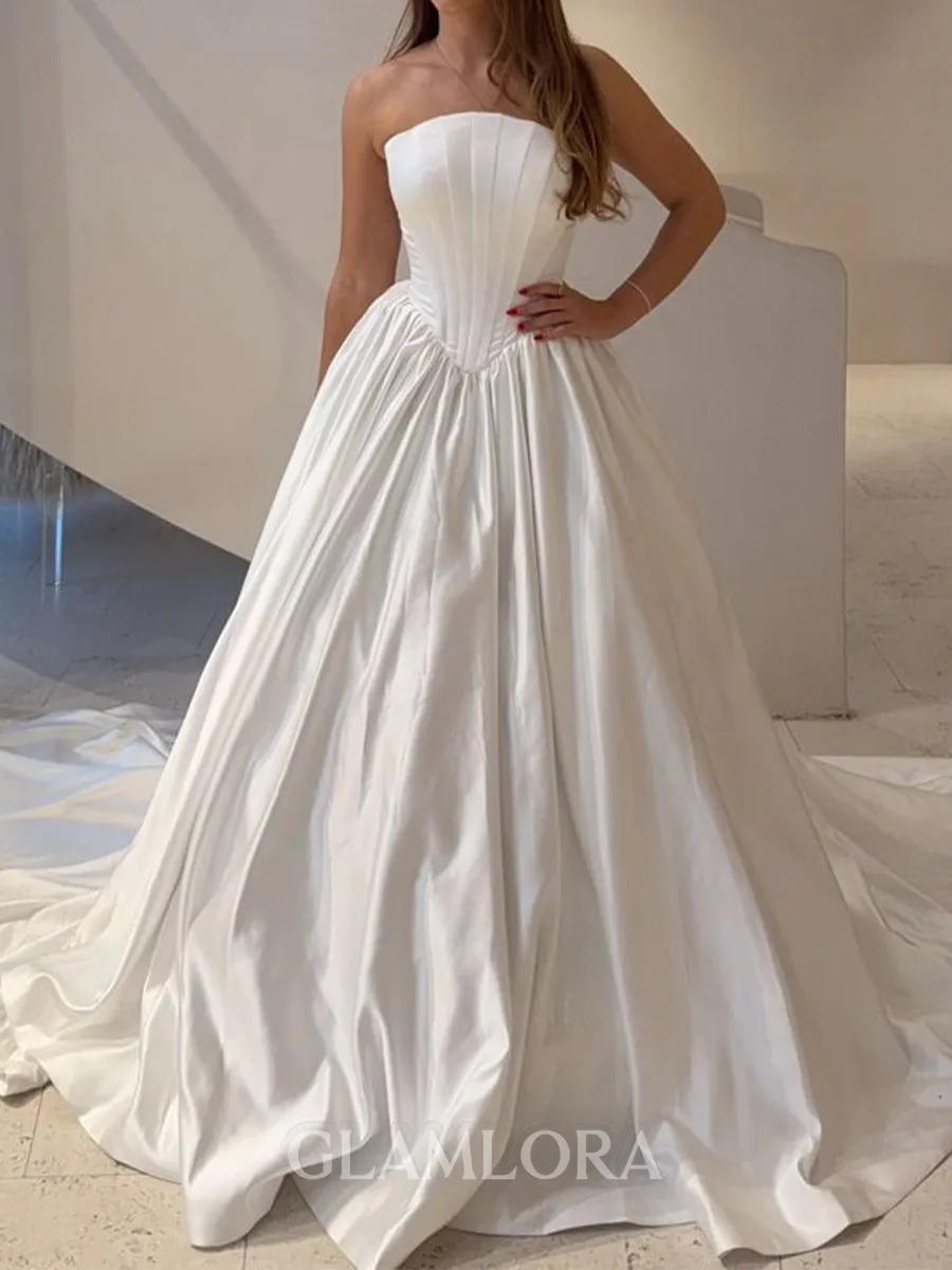 Mesmerizing A-Line Straight Pleated Cathedral Train Satin Corset Wedding Dress