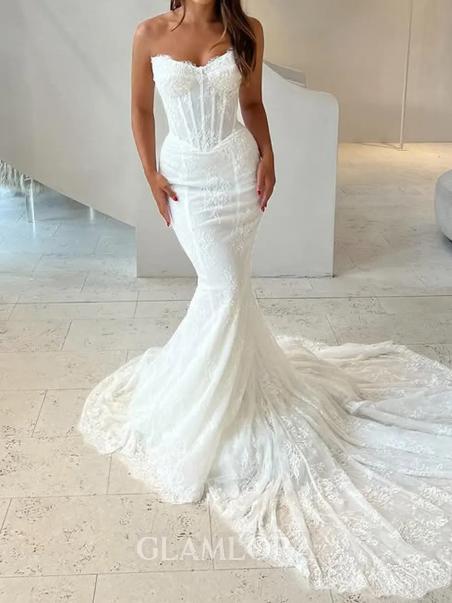 Magnificent Mermaid Straight Appliques Lace Cathedral Train Lace Wedding Dress