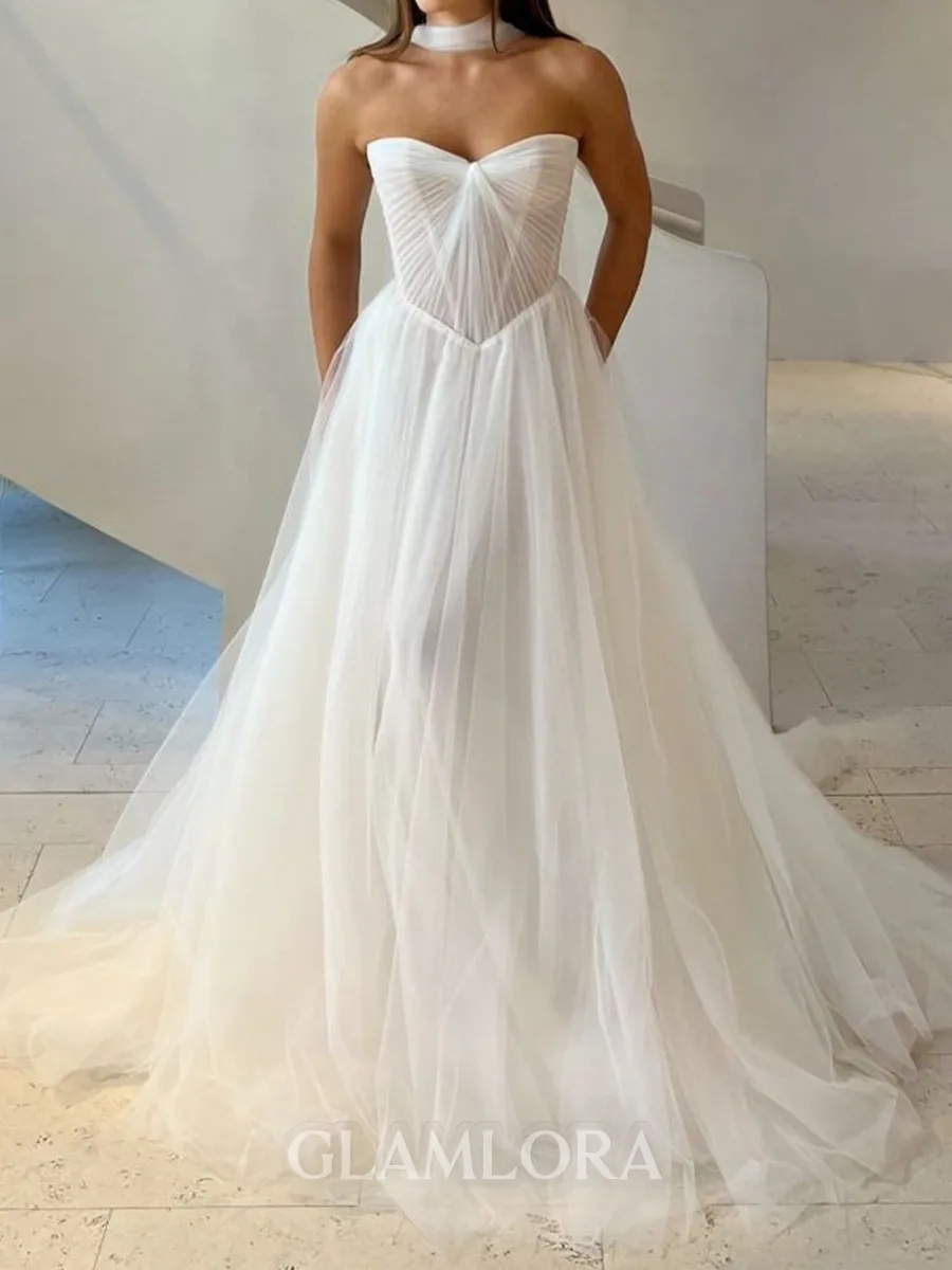 Unforgettable A-Line Sweetheart Pleated Sweep Train Tulle Corset Wedding Dress