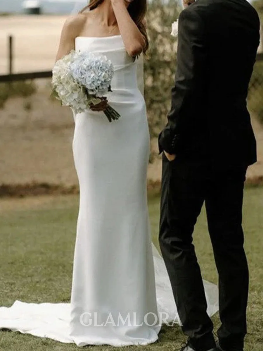 Glamorous Sheath Straight Pleated Chapel Train Silk Like Satin Corset Wedding Dress