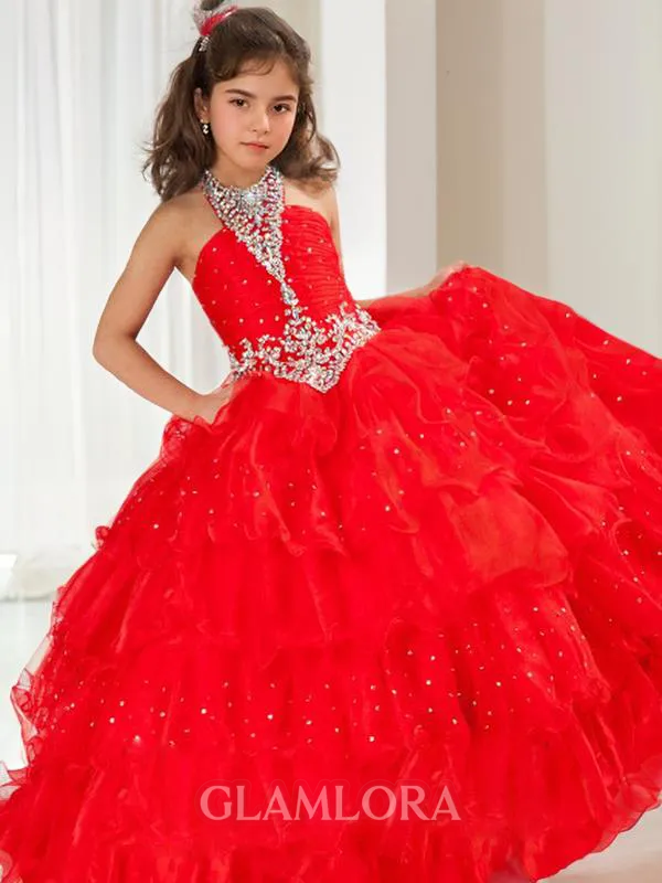 Ball-Gown Halter Sleeveless Floor-Length Organza Celebratory Flower Girl Dress With Sequins