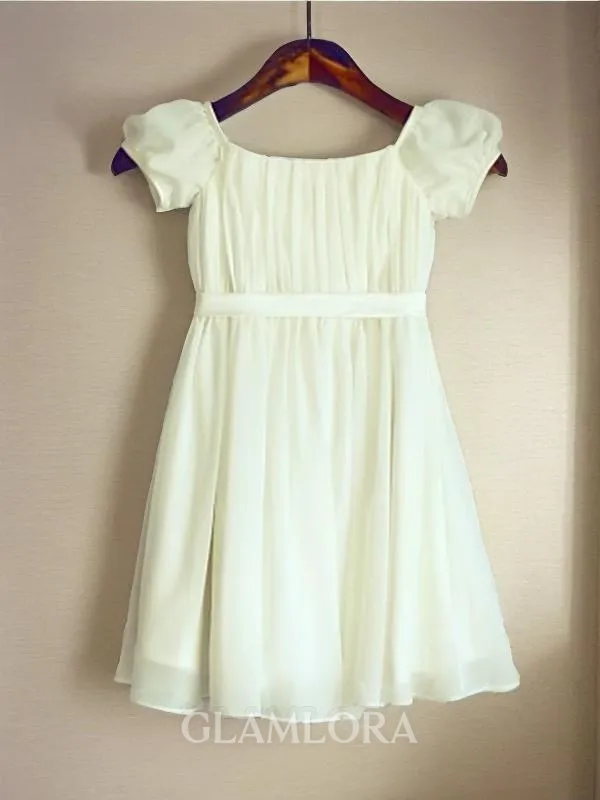 A-line Square Short Sleeves Tea-Length Chiffon Graceful Flower Girl Dress With Ruched