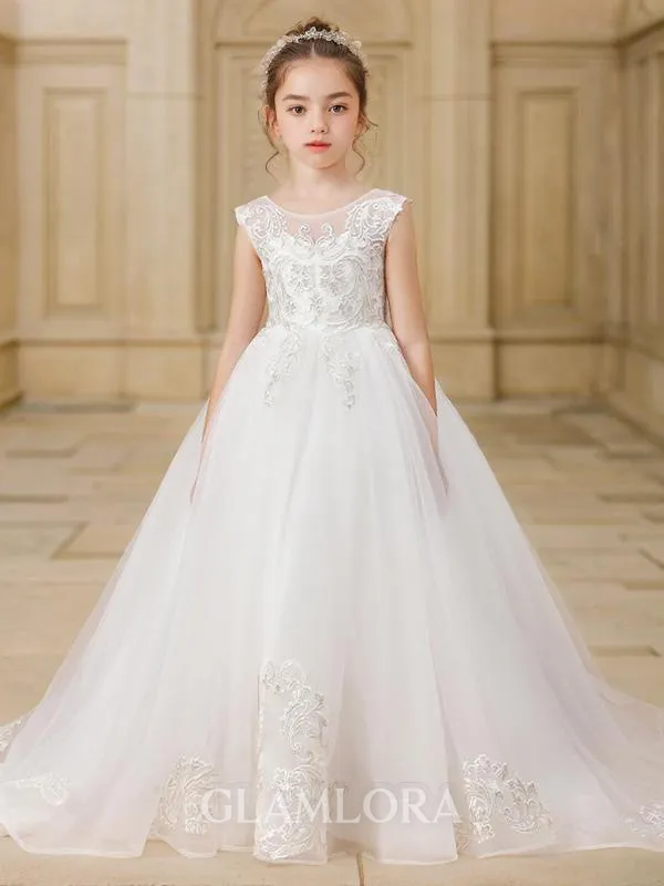 Ball-Gown Princess Scoop Sparkling Sleeveless Sweep Train Tulle Flower Girl Dress