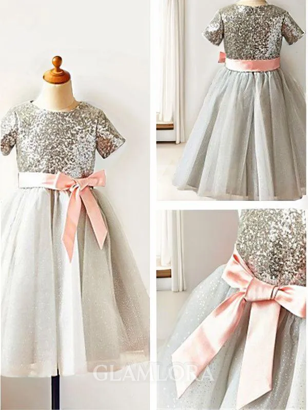 A-line Princess Scoop Charming Short Sleeves Tea-Length Tulle Flower Girl Dress With Sequins