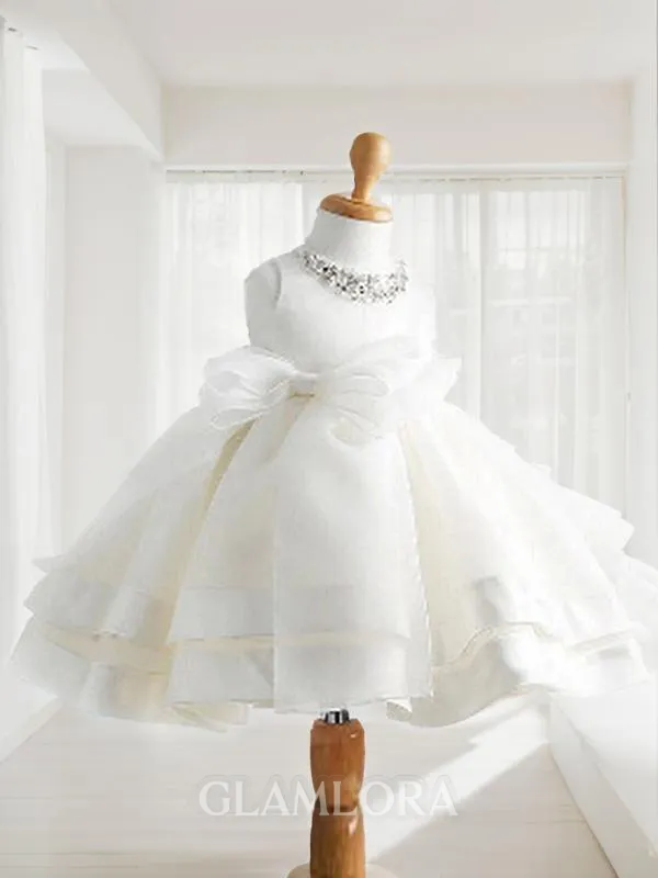 Ball-Gown Jewel Sleeveless Tea-Length Petite Satin Flower Girl Dress With Bowknot