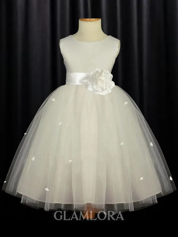 A-line Princess Scoop Sleeveless Ankle-Length Tulle Playful Flower Girl Dress With Hand-Made Flower