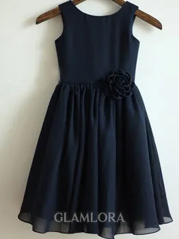 A-line Scoop Precious Sleeveless Tea-Length Chiffon Flower Girl Dress With Hand-Made Flower