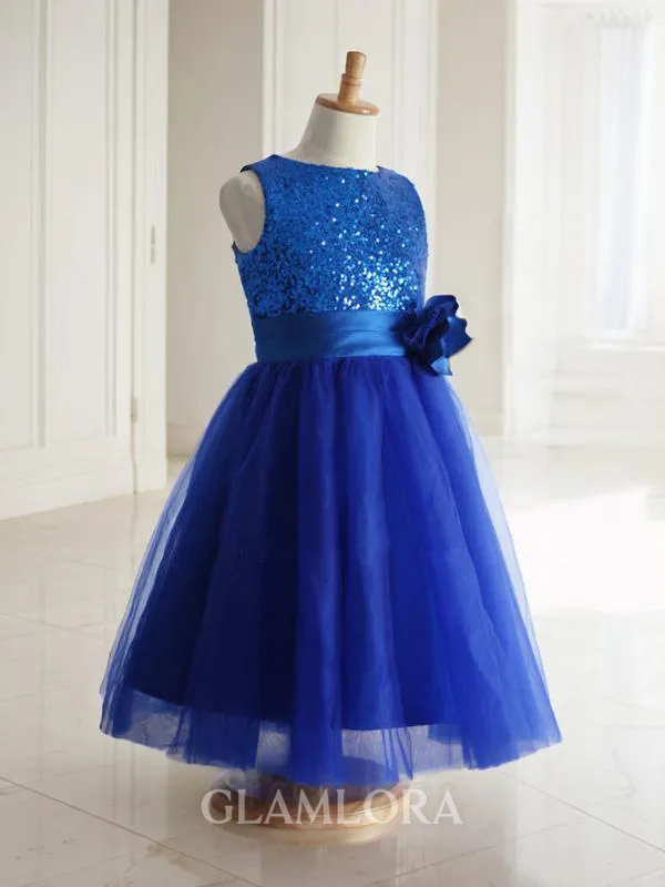 Innocent A-line Princess Jewel Sleeveless Tea-Length Tulle Flower Girl Dress With Hand-Made Flower
