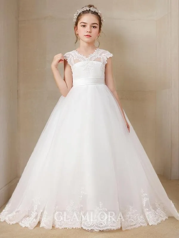 Ball-Gown Princess V-neck Short Sleeves Sweep Train Tulle Fairy-tale Flower Girl Dress
