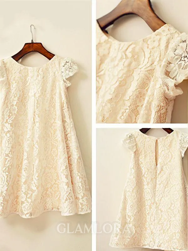 A-line Scoop Short Sleeves Delightful Tea-Length Lace Flower Girl Dress