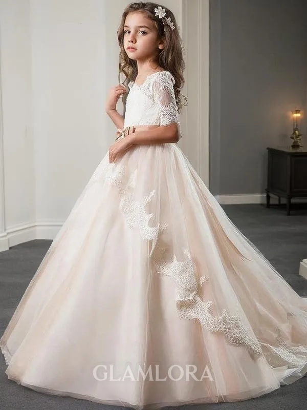 Ball-Gown Princess Off-the-Shoulder Short Sleeves Sweep Train Tulle Celebratory Flower Girl Dress With Sash