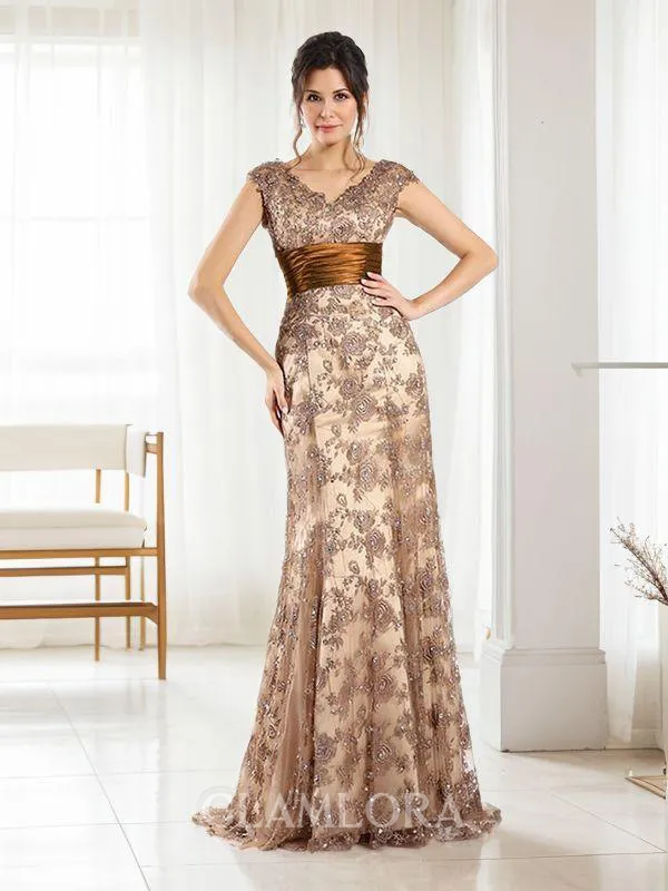 A-line Sophisticated V-Neck Sleeveless Sweep Train Lace Mother of the Bride Dress With Ruffles