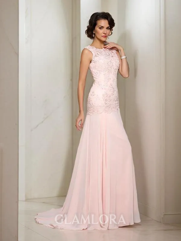 Trumpet/Mermaid Scoop Sleeveless Sweep Train Stylish Chiffon Mother of the Bride Dress With Beading