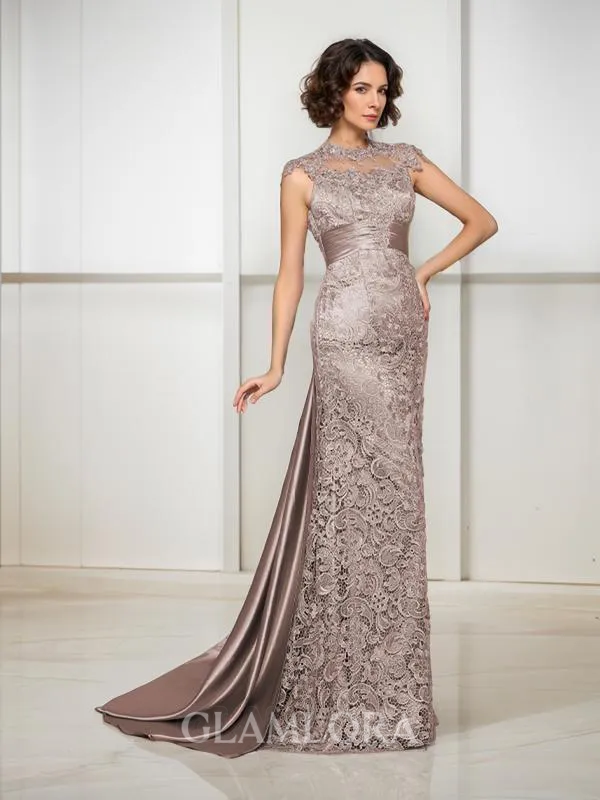 Chic A-line High Neck Sleeveless Court Train Silk like Satin Mother of the Bride Dress