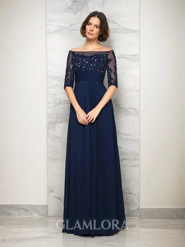 A-line Off-the-Shoulder 1/2 Sleeves Glamorous Floor-Length Chiffon Mother of the Bride Dress With Beading