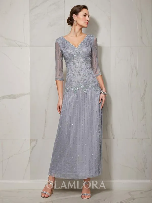 Sheath/Column V-Neck 1/2 Sleeves Ankle-Length Tasteful 30D Chiffon Mother of the Bride Dress With Beading