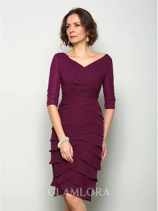 Sheath/Column V-Neck 1/2 Sleeves Knee-Length Chiffon Radiant Mother of the Bride Dress