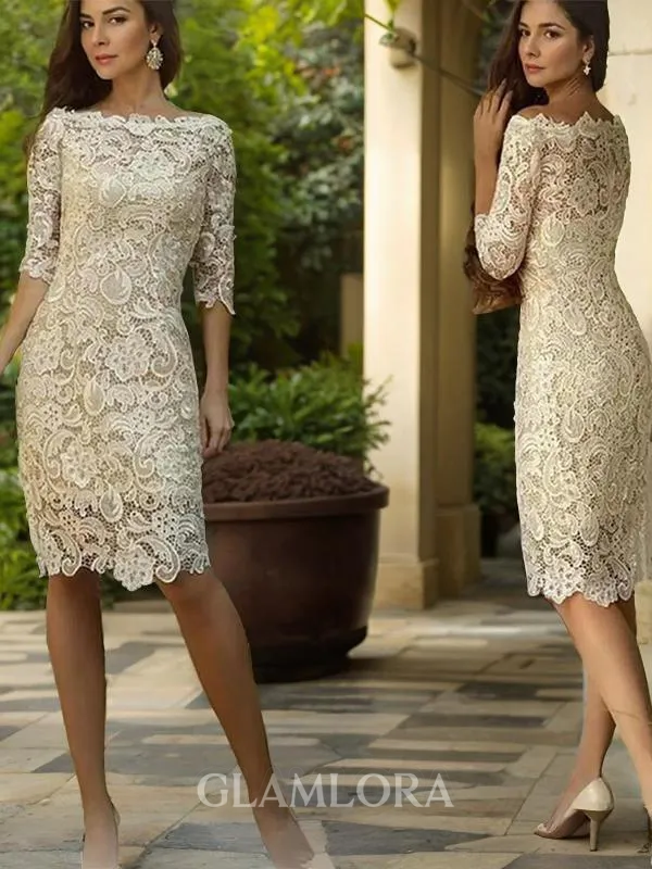 Resplendent Sheath/Column Off-the-Shoulder 3/4 Sleeves Knee-Length Lace Mother of the Bride Dress