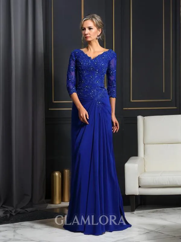 A-line V-Neck Gracious 3/4 Sleeves Sweep Train Chiffon Mother of the Bride Dress With Applique