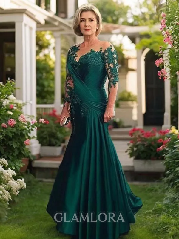 Charming Sheath/Column Sheer Neck Long Sleeves Sweep Train Silk like Satin Mother of the Bride Dress With Applique