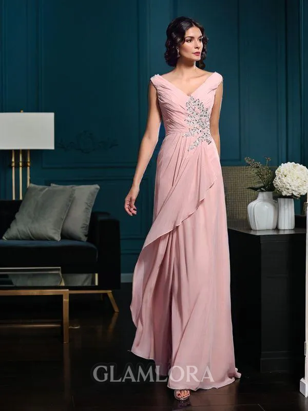 A-line Noble V-Neck Sleeveless Sweep Train Chiffon Mother of the Bride Dress With Beading