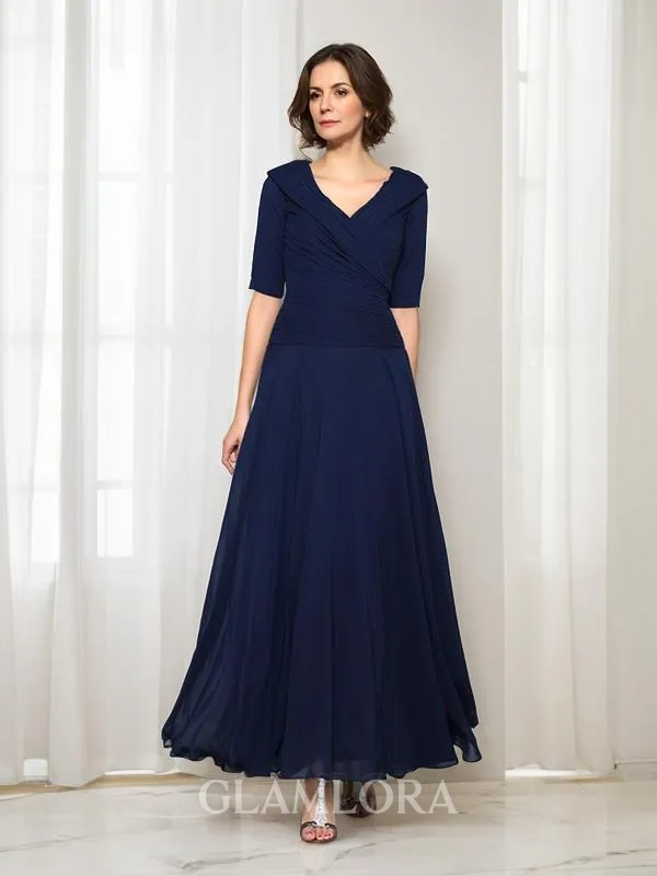 A-line V-Neck 1/2 Sleeves Rhythmic Ankle-Length Chiffon Mother of the Bride Dress