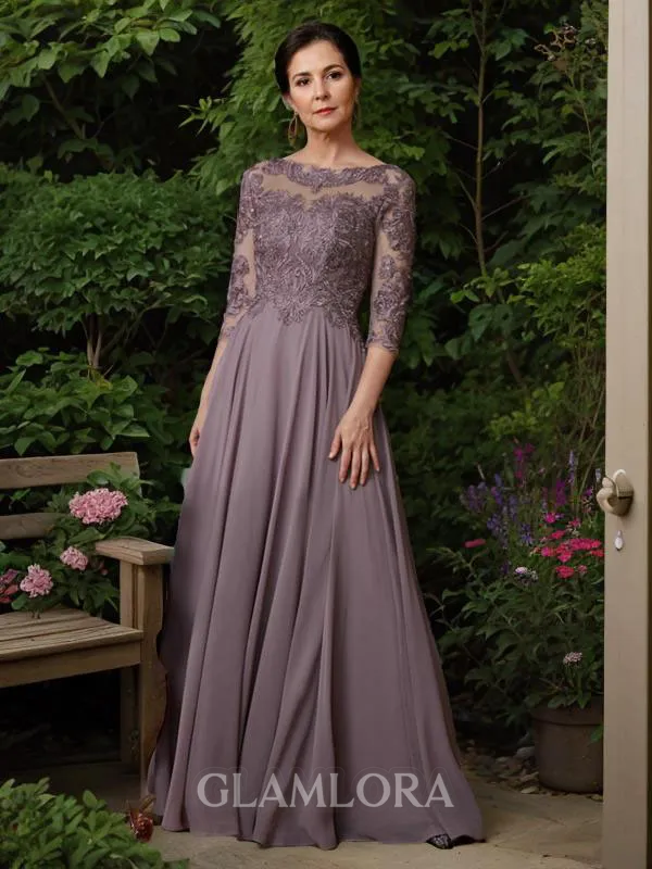 A-line Scoop 3/4 Sleeves Floor-Length Endearing Chiffon Mother of the Bride Dress