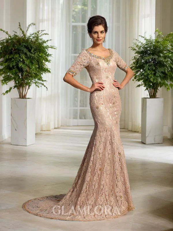 Unique Trumpet/Mermaid V-Neck 1/2 Sleeves Court Train Silk like Satin Mother of the Bride Dress With Lace