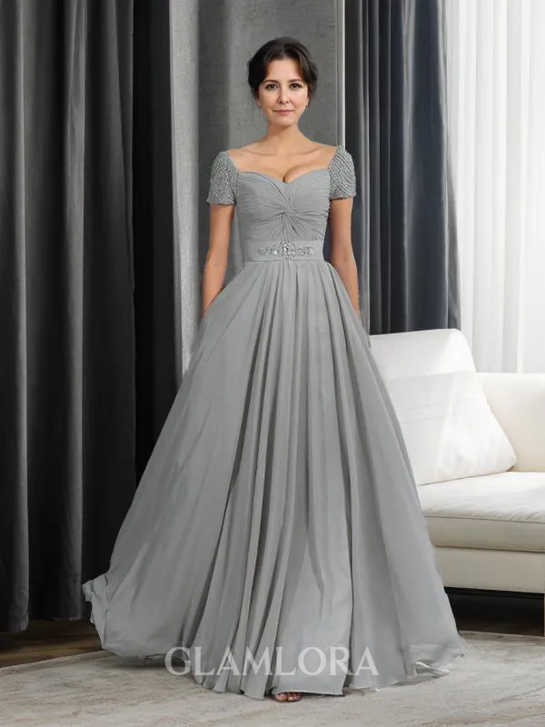 A-line Elegant Sweetheart Short Sleeves Floor-Length Chiffon Mother of the Bride Dress With Beading